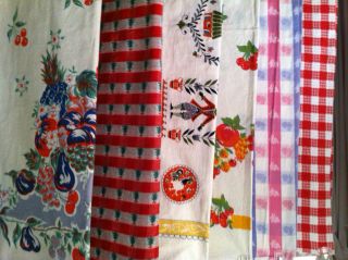 Vintage Lot 6 Cotton Linen Tablecloths Cherries Fruit Christmas Easter