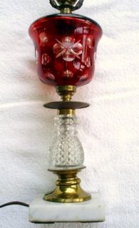 Vintage Bohemian Glass Ruby Cut to Clear Table Lamp with Marble Base