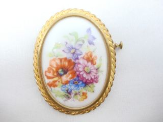 Vintage Victorian Pin Porcelain Limoges Brooch Flower Bouquet Gold