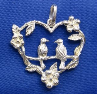Vintage Sterling Silver Love Bird Heart Pendant Marked 925