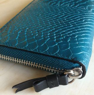 Lodis Blue Teal Snake Skin Embossed Leather Zip Around Wallet New