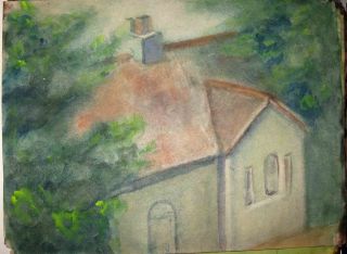 Original Vintage Primitive Painting Looking Down on Side of House 9x12