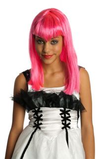 Girls Pink Wig Neon Glitter Bangs Widow Peak Long Hair Pretty Vampire