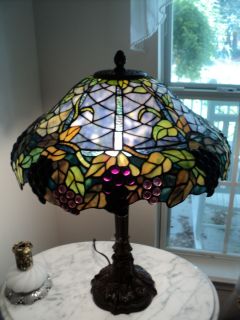 Louis Comfort Tiffany Style Stained Glass Grapevine Victorian Lamp