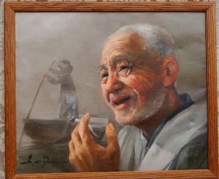 VINTAGE ART SMOKING FISHERMAN OLD MAN OIL ON CANVAS PAINTING ARTIST