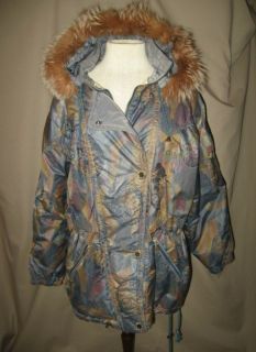 Luhta Sport Blue Multi Color Ski Coat w Fox Fur Around Hood Sz 12 US