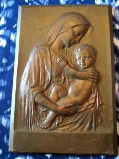 Antique C Luini Bronze Plaque Madonna Child Signed