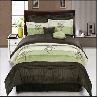 Luxury Portland Sage Coffee Floral 8PC Comforter Bed Skirt Bedding Set