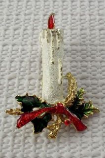 Vintage enamel Christmas Candle Brooch Figural Pin jewelry Holly