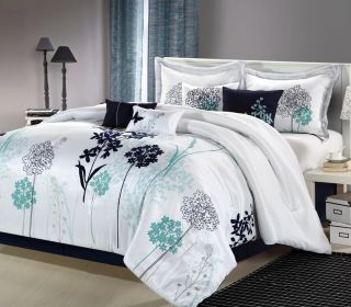 White Navy Teal Luxury Comforter Bedding Set—Queen Size