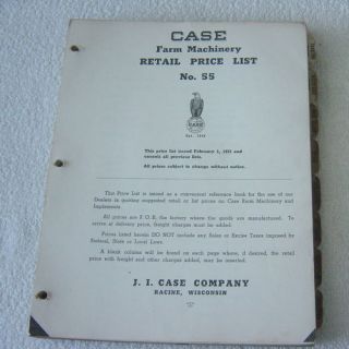 Ji Case Tractor Farm Machinery Retail Price List 1955