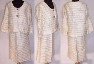 Vintage 1960s Jackie O Mad Men Style Cream Boucle Knit Wool Striped