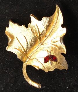 Vintage Mamselle Red Rhinestone Lady Bug on Gold Leaf PIn Brooch