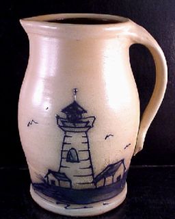 Maple City Pottery Ocean Shore Lighthouse 8 Pitcher Cobalt Blue