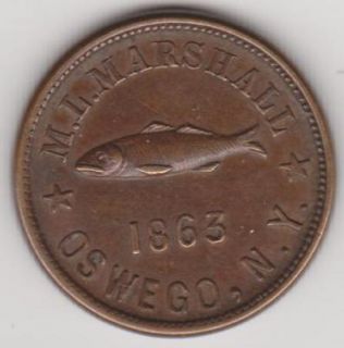 1863 Civil War Token Fish M L Marshall Oswego New York Extra Fine