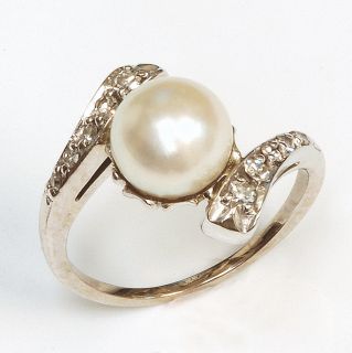 14k White Gold Pearl Diamond Ring Vintage