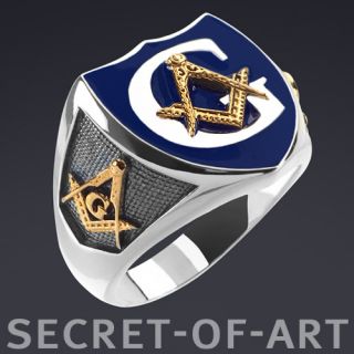 Masonic Police Ring Silver 925 Ring Blue Enamel 24K Gold Plated