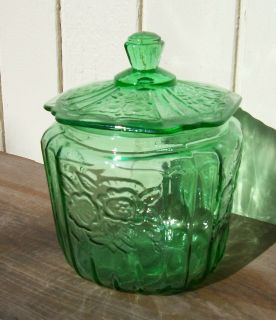 MAYFAIR OPEN ROSE GREEN COOKIE BISCUIT JAR DEPRESSION GLASS