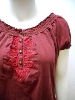 Lucky Brand Womens Mena Embroidered Smocked Rusted Burgundy Peasant