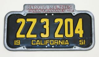 Harold Menzies Car Dealer San Francisco California License Plate Frame