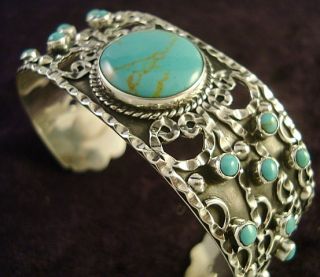  MEXICAN STERLING SILVER TURQUOISE BEADED BEAD SCROLL CUFF BRACELET