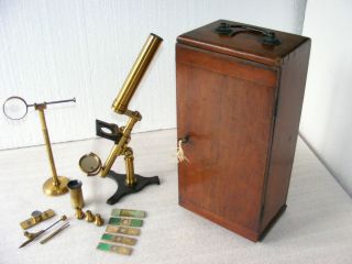 Fine 19th Century Brass Microscope with Accessories