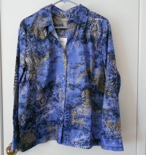 Chicos NWT Soliel Mindy Gulfstream Blue w Gold Button Front Ladies Top