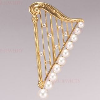 Mikimoto Retro 18K Yellow Gold Harp Pearl Diamond Brooch