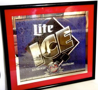 Vintage Mirror Miller Lite Ice Beer Framed Bar Sign 29 x 32 Great