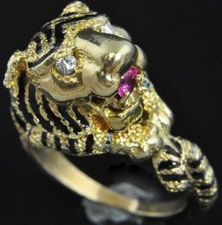 Gold Natural Diamond Ruby Enamel Lion 3D Cocktail Ring David Webb