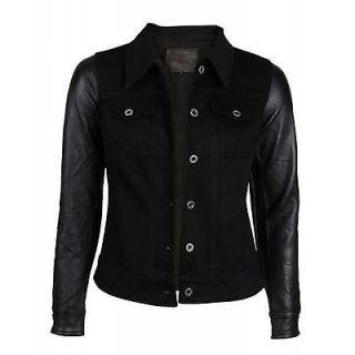 VIPARO Womens Black 90s Denim Jacket with Leather Sleeves   Anika