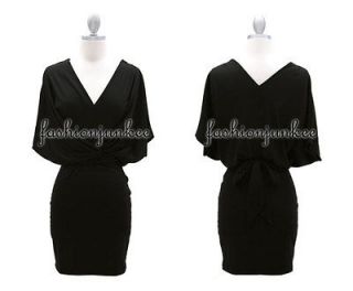 BLACK V Tie Mini Dress V Neck Wrap Around Tie Kimono Sleeves Jersey