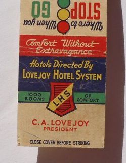 1940s Matchbook Lovejoy Hotel Montgomery Nashville Evansville IN