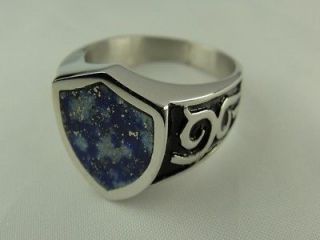 Classic Simple Blue Gold Agate Silver Ring for Harley Rider Biker TR32