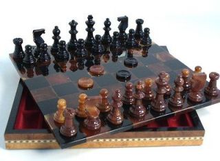 ALABASTER MARBLE CHESS & CHECKER SET   ROOTBEER/BLACK BOARD 13½ K3