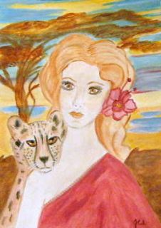 Original Folk Art Big Cat Series ~ Girl & Cheetah ~~ SERENGETI SUNRISE
