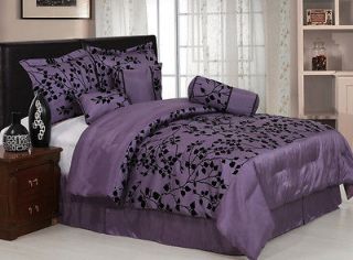 Pieces Purple with Black Velvet Floral Flocking Comforter Set Bed In