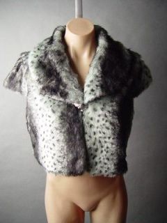 Gray Cheetah Faux Fur Furry Bolero Shrug Evening Glam Cropped 02 mv