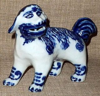 ANTIQUE~Hand/T ransfer Painted Blue & White POTTERY FOO DOG~STAFFORDSH