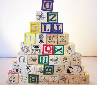 91 Wooden Toy Building Blocks 2 Sizes Painted Embossed Alphabet 0202