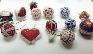 13 VTG Handmade Christmas Ornaments Crochet Doilie Patchwork Victorian