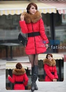Warm Winter Womens Goose Down Jacket Long Coat Thicken Belted Fur
