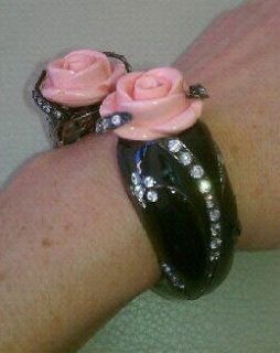 Angelique De Paris Rose Bracelet   Black Enamel & Pink Coral Roses $