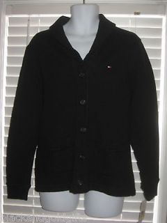 Tommy Hilfiger Black Button Up Sweater Jacket Elbow Pads Mens