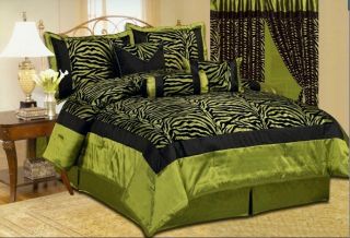 Silk Flocking Zebra Print Black & Green Comforter Set Bedding Full