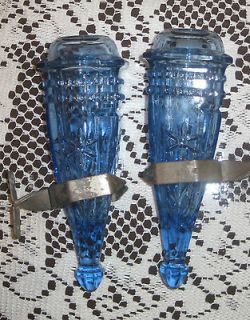 Antique Blue Pressed Glass Auto Vase Pair with Brackets