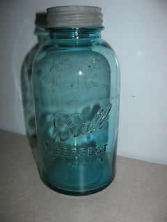 Antique Ball Perfect Mason Aqua Blue Glass Jar Zinc Lid 2 Quart Half