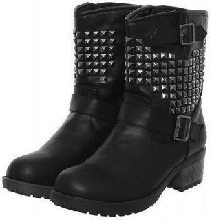 LADIES STUDDED MILITARY COMBAT BIKER RIDING BUCKLE WINTER ANKLE BOOTS