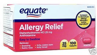 Equate Allergy Tablets 100 Tablets, 25mg Diphenhydramin e HCl, Generic