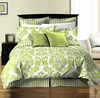 White Green Leaf Stripe Bed in a Bag Comforter w/ Sheet Set Full